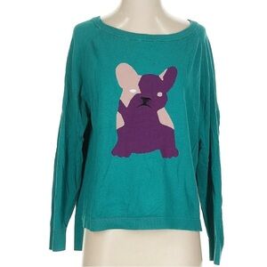French Connection Teal French Bulldog Frenchie Pullover Sweater Size Small S